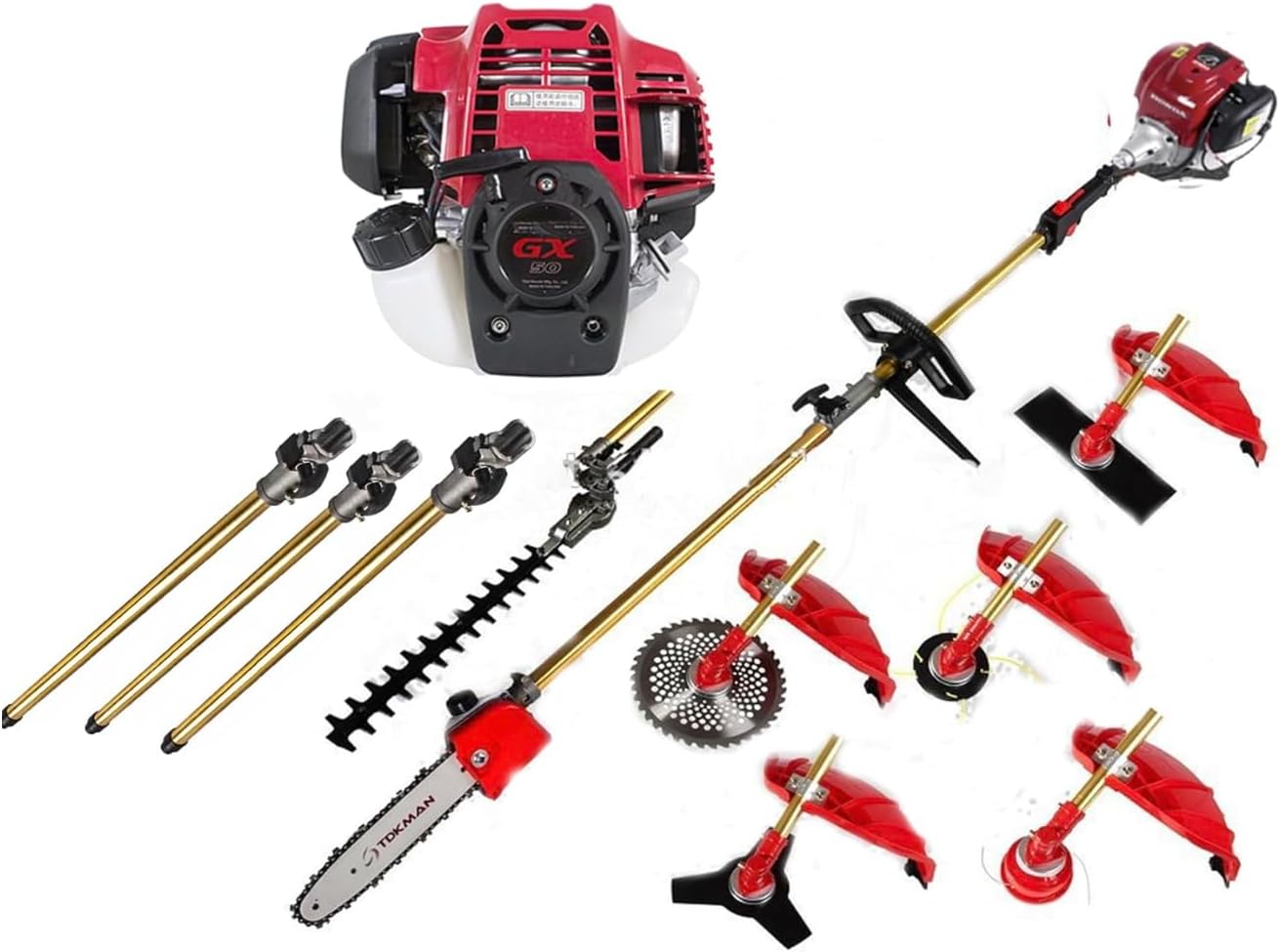 GX50 4-Stroke 7 in 1 Brush Cutter Gasoline Hedge Trimmer Weed Eater Pruner Saw + 3 Extension rods