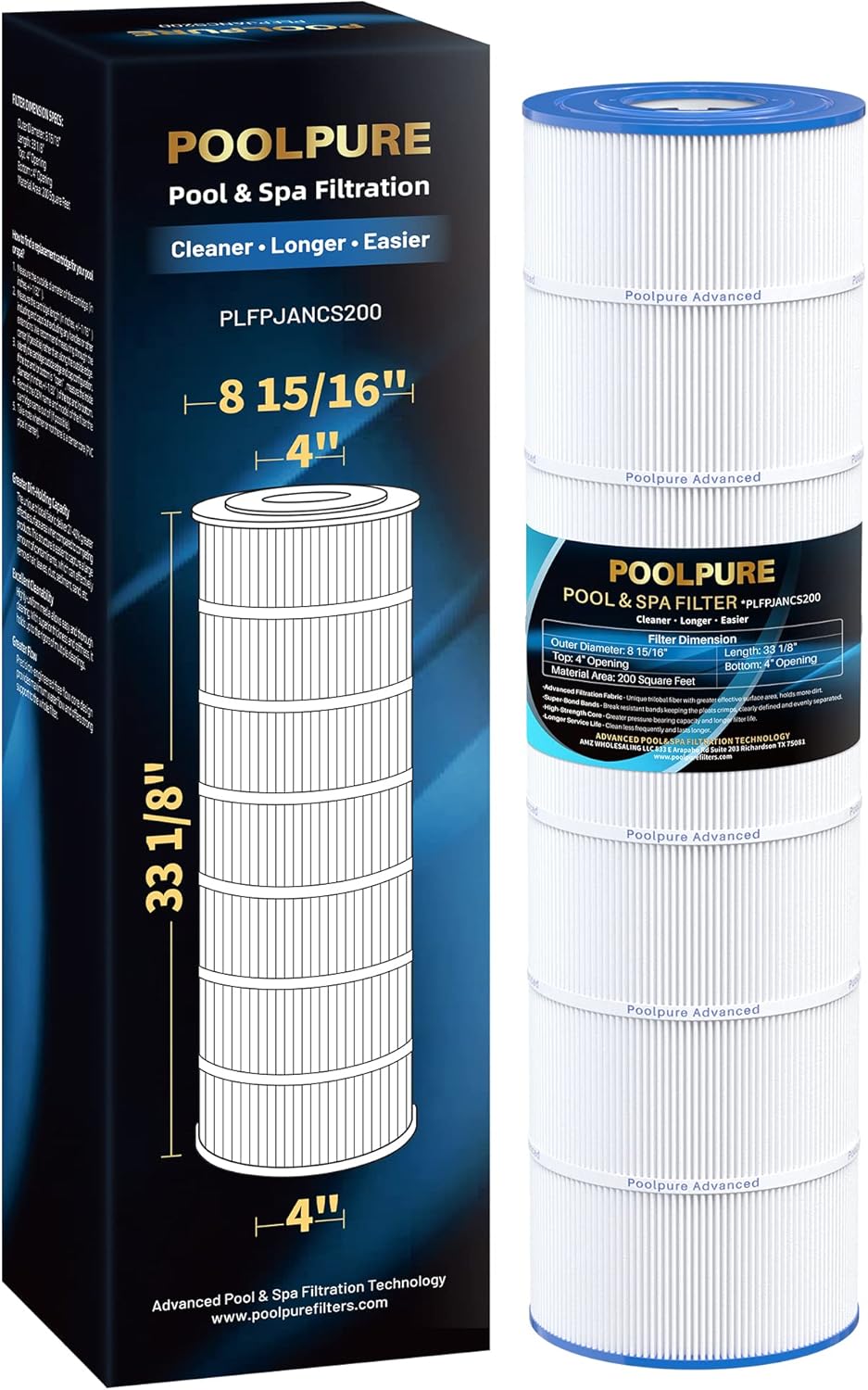 POOLPURE PLFPJANCS200 Pool Filter Replaces Jandy CS200, PJANCS200, Ultral-B9, R0462400, Unicel C-8418, Filbur FC-0823, Aladdin 35002, 200 Sq.ft Filter Cartridge 1 Pack