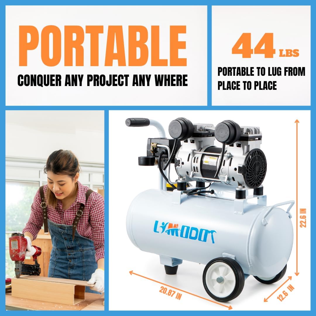 Quiet Air Compressor, Only 68dB, 8 Gallon Steel Tank, 2.8CFM @ 90PSI, Oil-Free, Electric Air Compressor Perfect for Woodwork Nailing, Garage, Car, Pneumatic Tool, Includes 11 Accessories