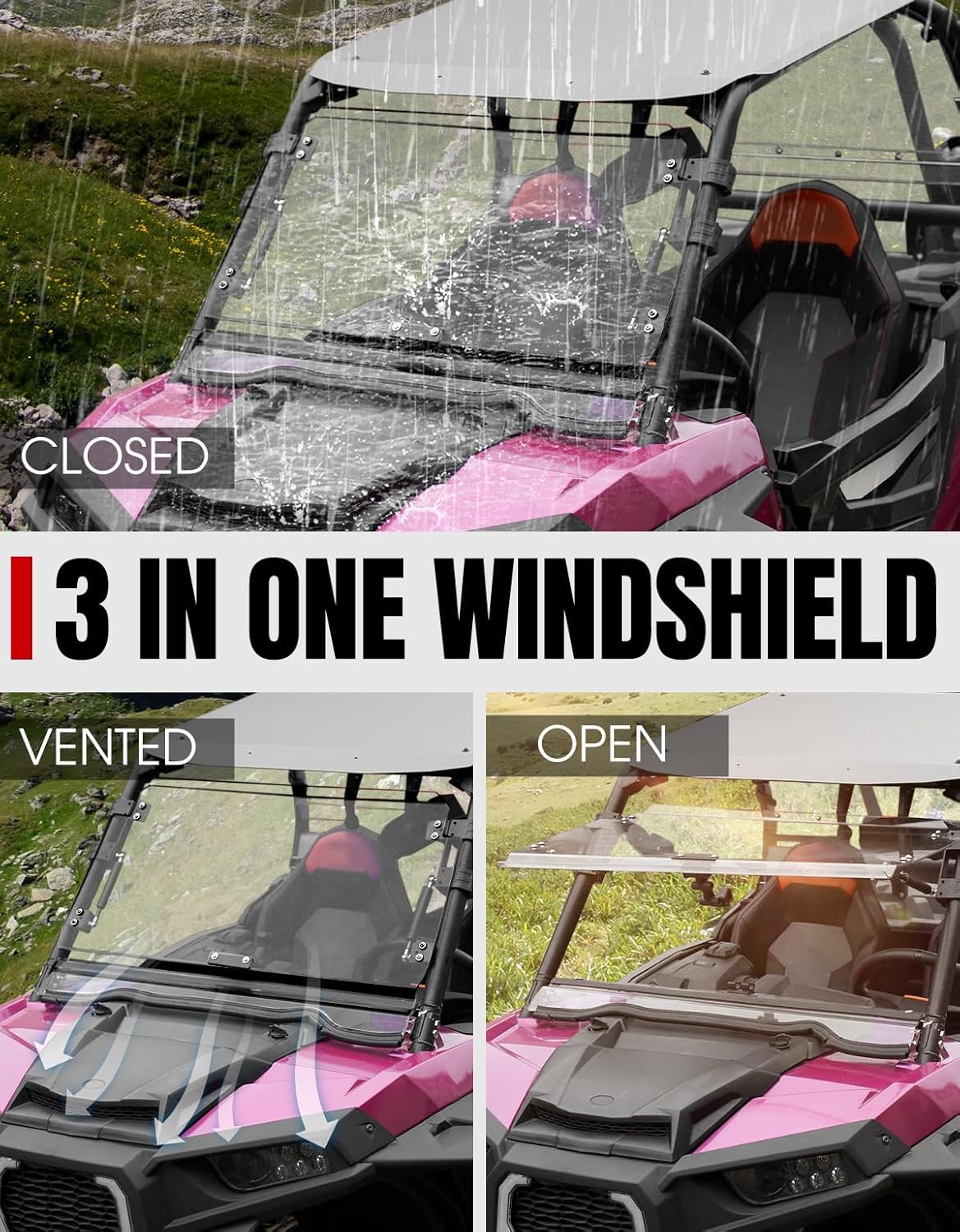 A & UTV PRO 3-IN-1 Flip UP Full Windshield for 2014-2018 Polaris RZR XP 900/ XP4 900 / RZR XP 1000 / XP 4 1000 Front Windshield Accessories, Hard Coated PC Folding Window with 3 Settings Clear Vison
