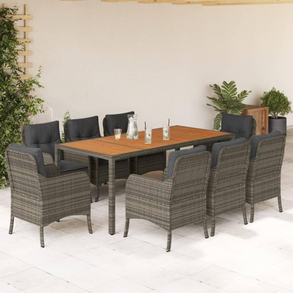 Furniture Sets 9 Piece Patio Dining Set with Cushions Gray Poly Rattan,Comfortable Outdoor Dining Set with PE Rattan Chairs and Acacia Wood Tabletop Garden Conversation Sets