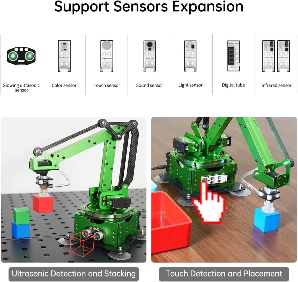 MaxArm Robot Arm with Secondary Development ESP32 Open Source Programming Robot Arm with Glowing Ultrasonic, Color, Touch, Sound, Light, Digital Tube Sensors Kits, Vision Module, PS2 Handle