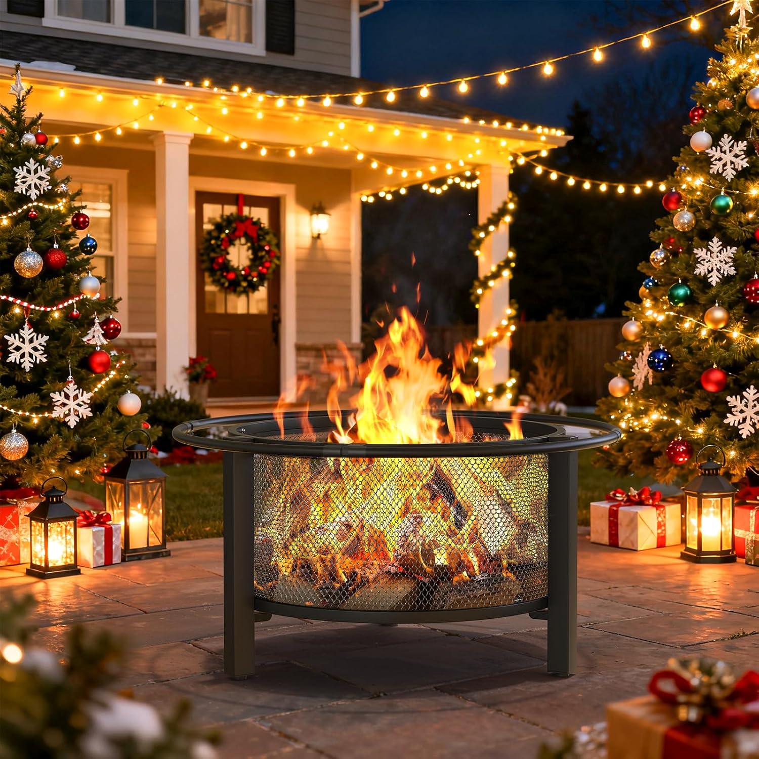 ONBRILL 2-in-1 32 Inch Fire Pit with Cooking Grill, Outdoor Wood Burning Firepit with Poker for BBQ, Bonfire, Picnic, Party, Round Metal Fire Pit for Outside, Backyard, Patio