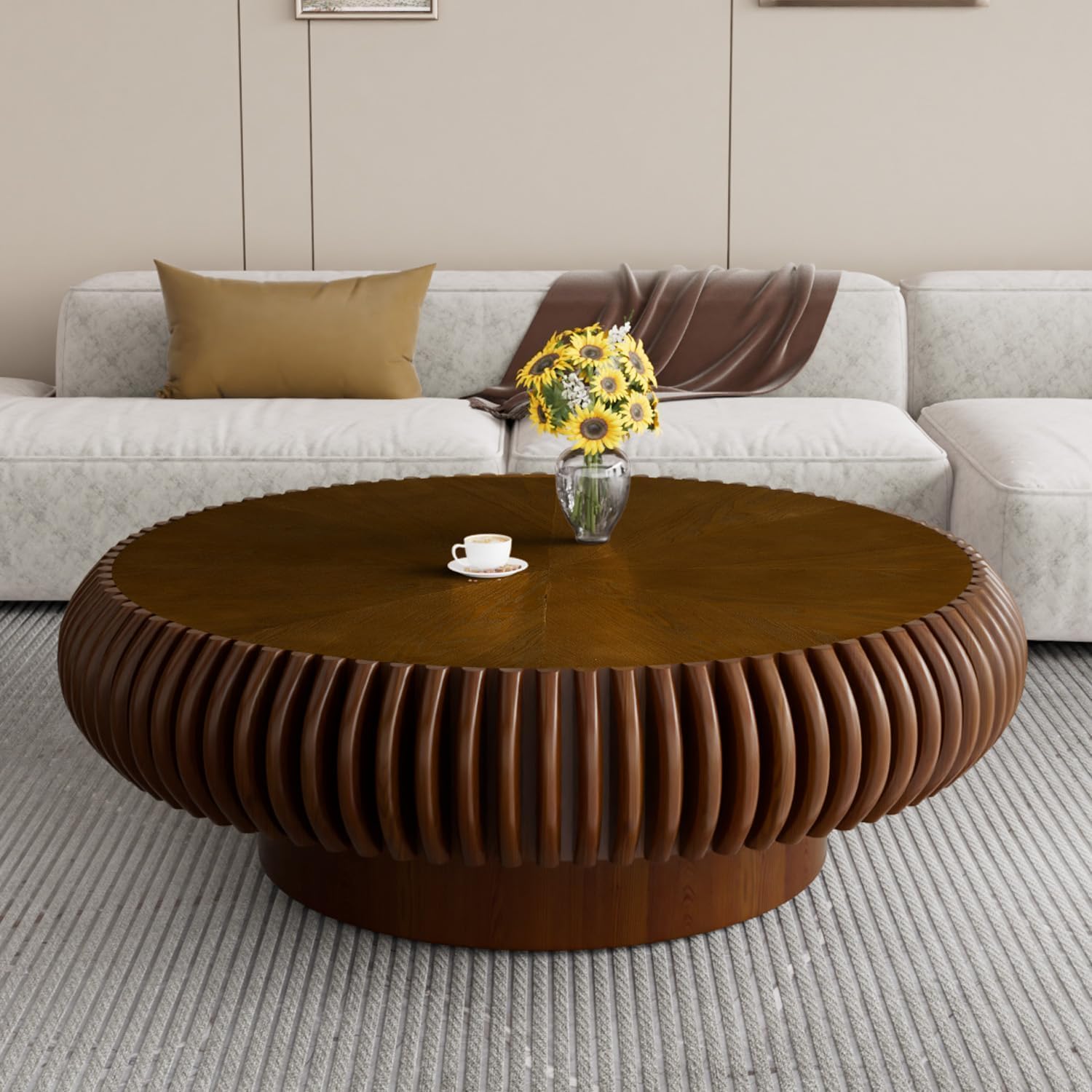 Handcrafted Solid Wood Round Grooved Coffee Table Modern Curved Fluted Drum Center Table Stylish Focal Point for Contemporary Living Room (C Walnut 100cm)