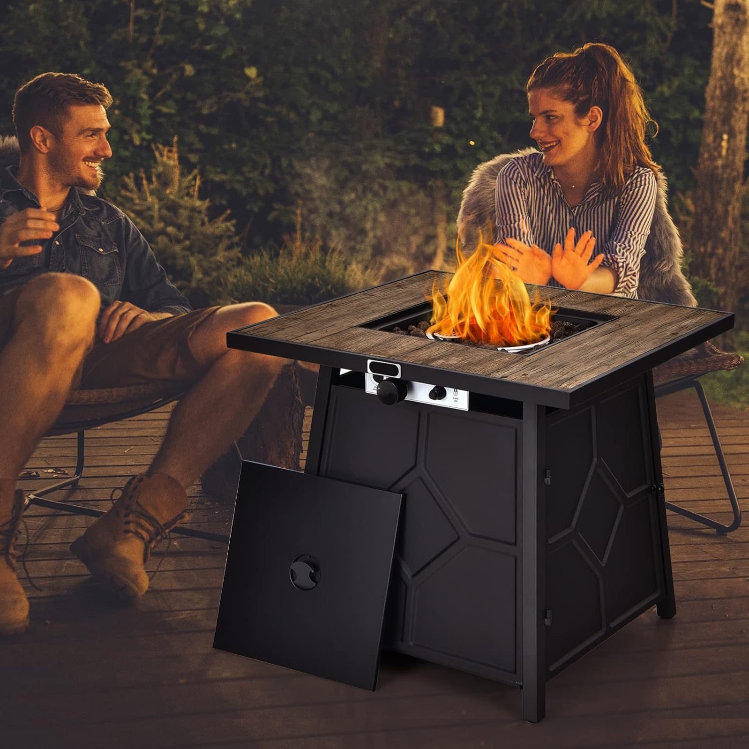 Tangkula 28 Inches Propane Fire Pit Table, 40,000 BTU Square Fire Table with Lid, Lava Stone, Waterproof Cover and Instant Touch-Up Pen, Outdoor Dining Gas Fire Pit Table with Adjustable Flame