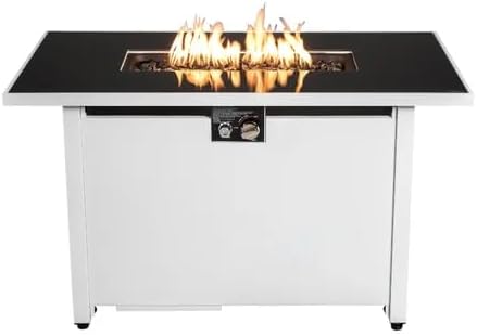 43 Inches Rectangular Fire Pit with Smoked Glass & White Metal Frame – Modern Outdoor Patio Heater for Backyard, Deck (1 Doors)