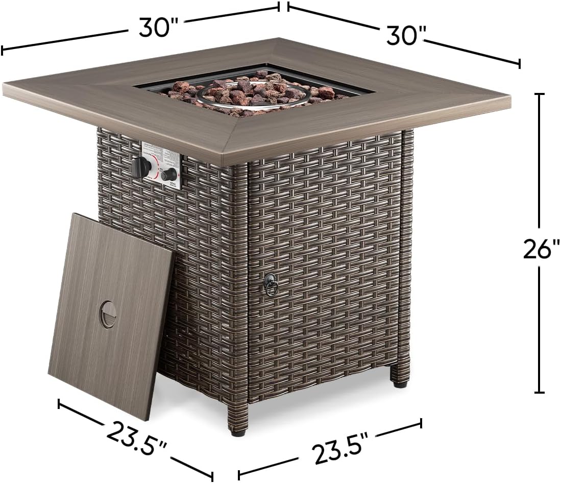 Outdoor Propane Fire Pit Table for Patio - 30-Inch Outside Wicker 50,000 BTU Gas Firepit Tables with Lava Rocks Waterproof Lid for Porch Glassroom Fireplace Garden Yard Apartment - Brown