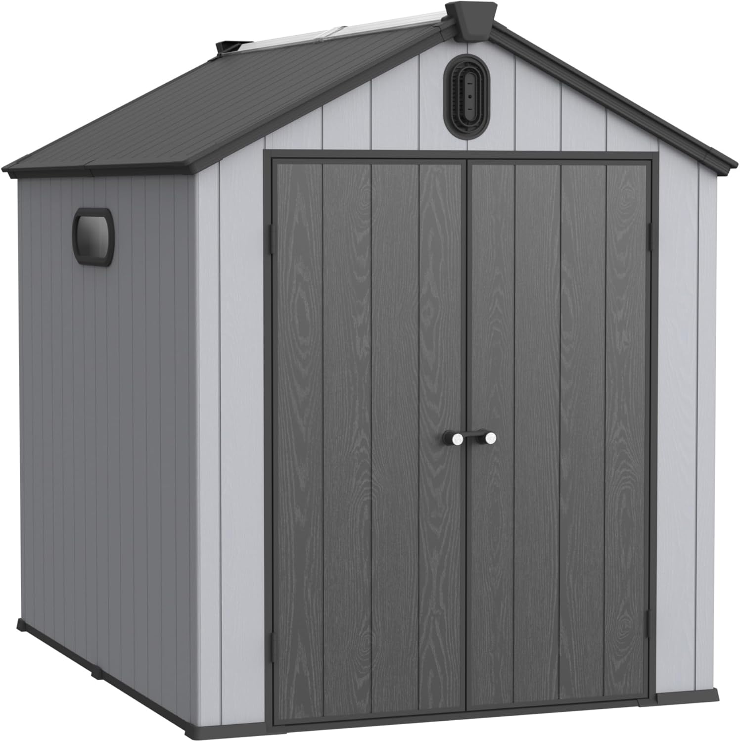 6 x 8 FT Outdoor Plastic Storage Shed, Waterproof Roof Garden Shed with Double Door & Vents, Resin Plastic Tool Storage Building for Patio Furniture, Black/Grey