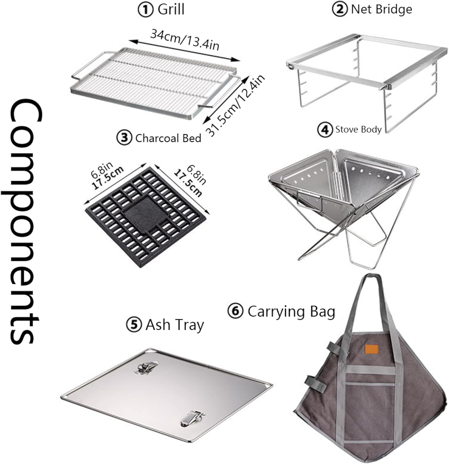 Folding Campfire Charcoal Barbecue Grill Stainless Steel Portable Camping Fire Pit Outdoor Wood Stove Burner with Carrying Bag, 3 Gear Adjustable Height
