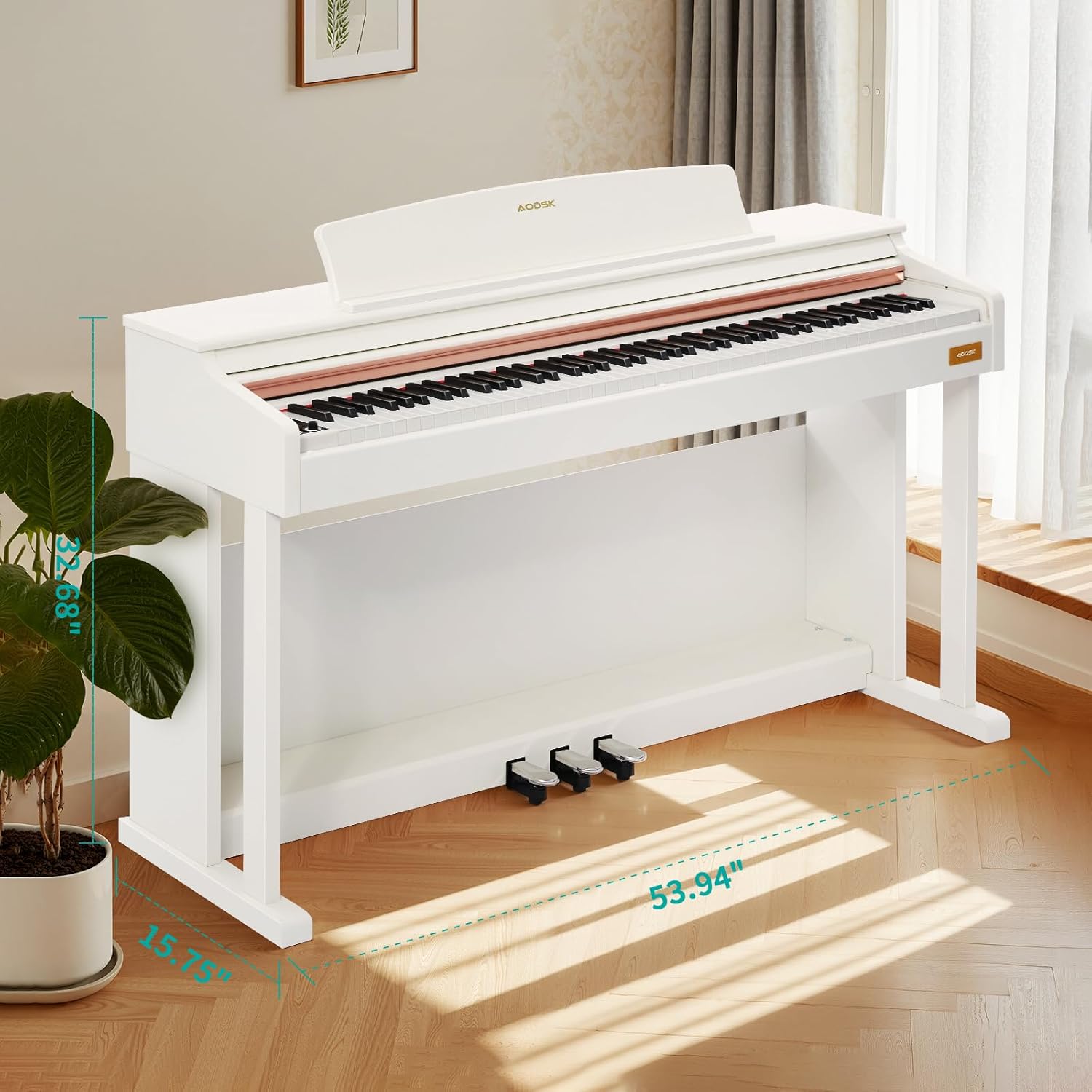AODSK 88-Key Weighted Hammer Action Digital Piano & White Storage Bench Bundle w/Triple Pedal, Furniture Stand, Key Cover, Lessons & Duet Piano Stool