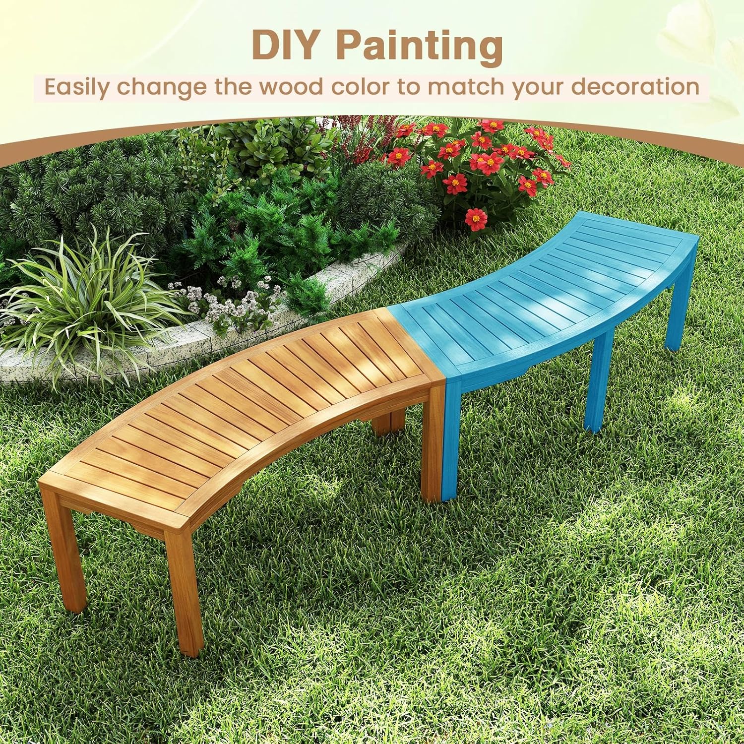 Moccha Outdoor Curved Bench, Acacia Wood Fire Pit Bench w/Slatted Seat, Loveseat, Outside Chair, Patio Backless 2-Person Seating for Balcony Yard Deck Porch 800 LBS Max Load (7, Natural)