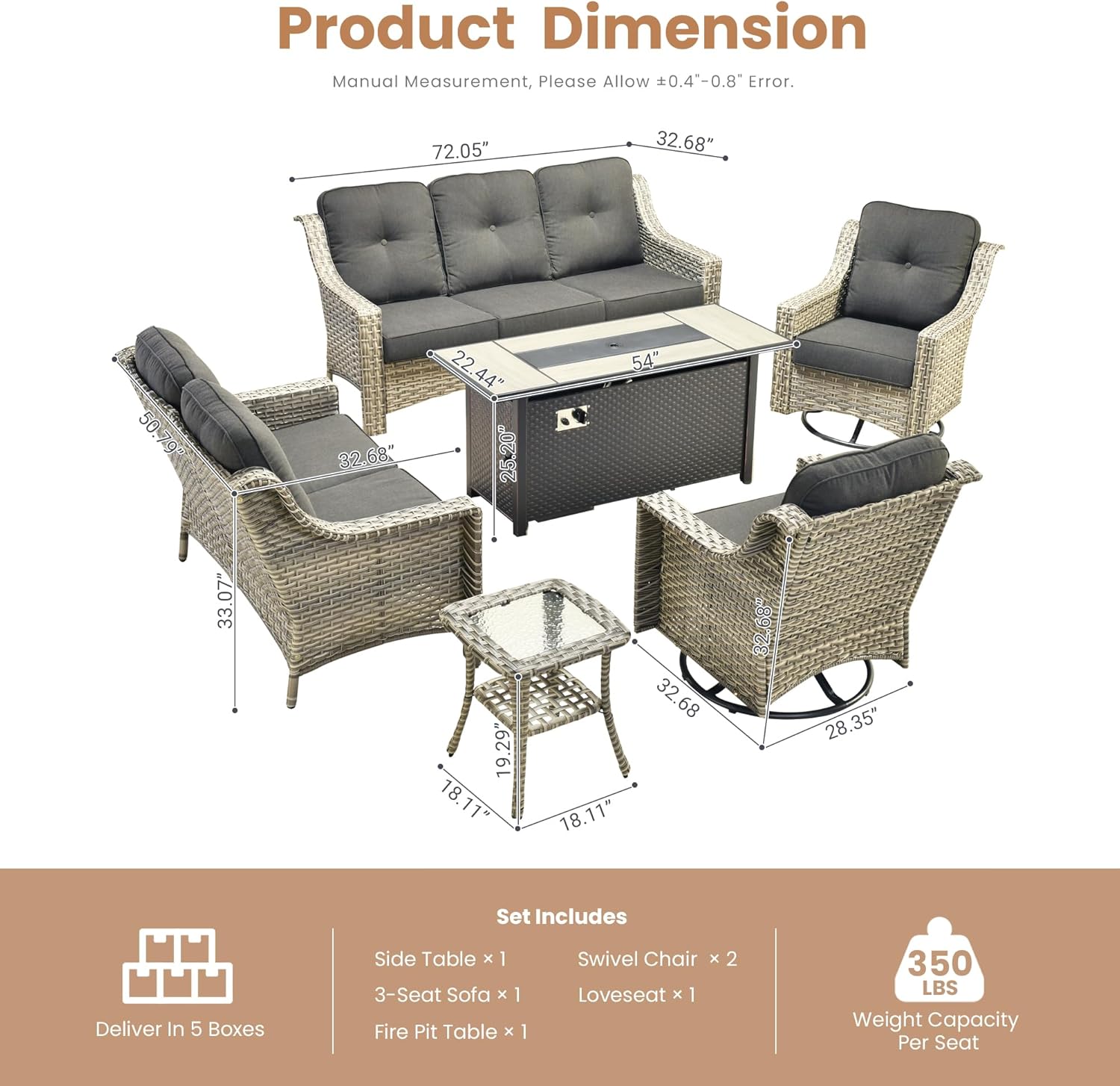 HOOOWOOO Patio Furniture Set,6 Pieces Wicker Outdoor Furniture,High Back Conversation Set with All Weather Resistant Fire Pit Table Couch Swivel Chairs,Black