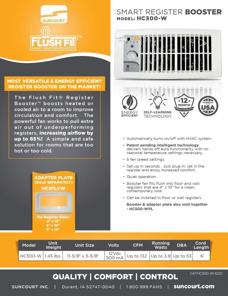 Suncourt Flush Fit Register Air Booster Fan HC500-W- White - (2 Pack)