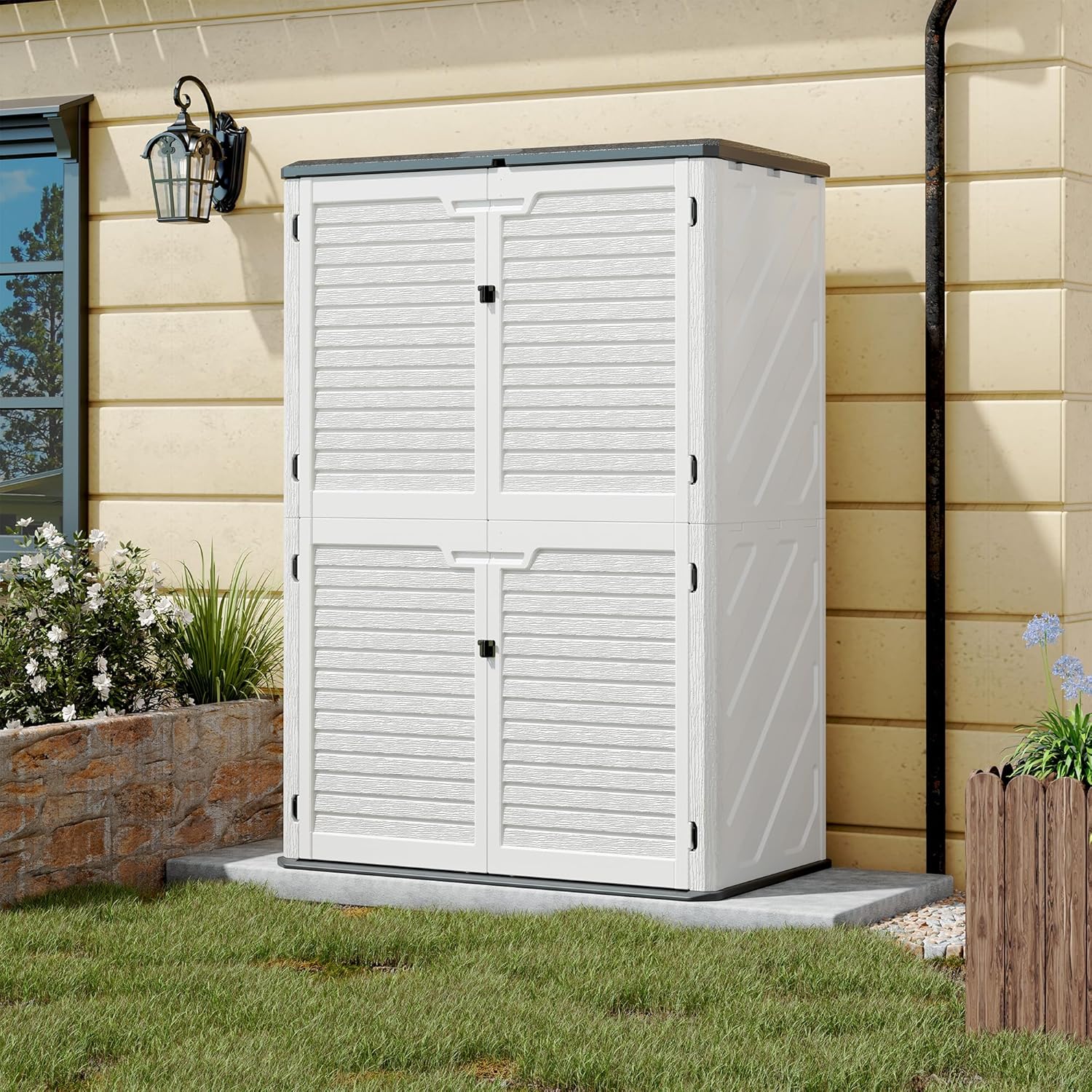 KAMABOKO Outdoor Storage Cabinet 61 Cu.Ft Outdoor Trash Can Storage Shed Waterproof Horizontal Storage Shed Outdoor Storage for Backyard, Patio, Poolside (White)