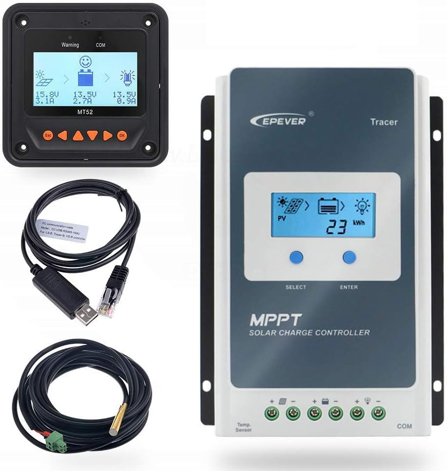 EPEVER 40A MPPT Solar Charge Controller 12/24V DC Tracer-an Series Charge Controller with MT52 Remote Meter &Temperature Sensor &RS485 Cable fit for Lithium, Sealed, AGM Battery Negative Grounded