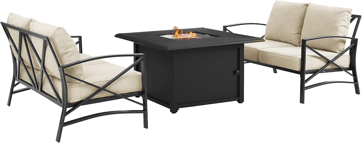 Crosley Furniture Kaplan 3-Piece Outdoor Loveseat Patio Furniture Set with Propane Gas Fire Pit Table, Oiled Bronze with Oatmeal Cushions