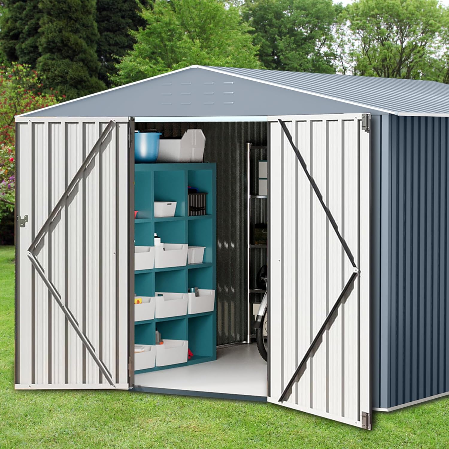 Large Metal Storage Shed, 10x10 FT Outside Storage Shed, Outdoor Storage Tool Shed with Lockable Doors and Air Vents, Garden Sheds for Backyard