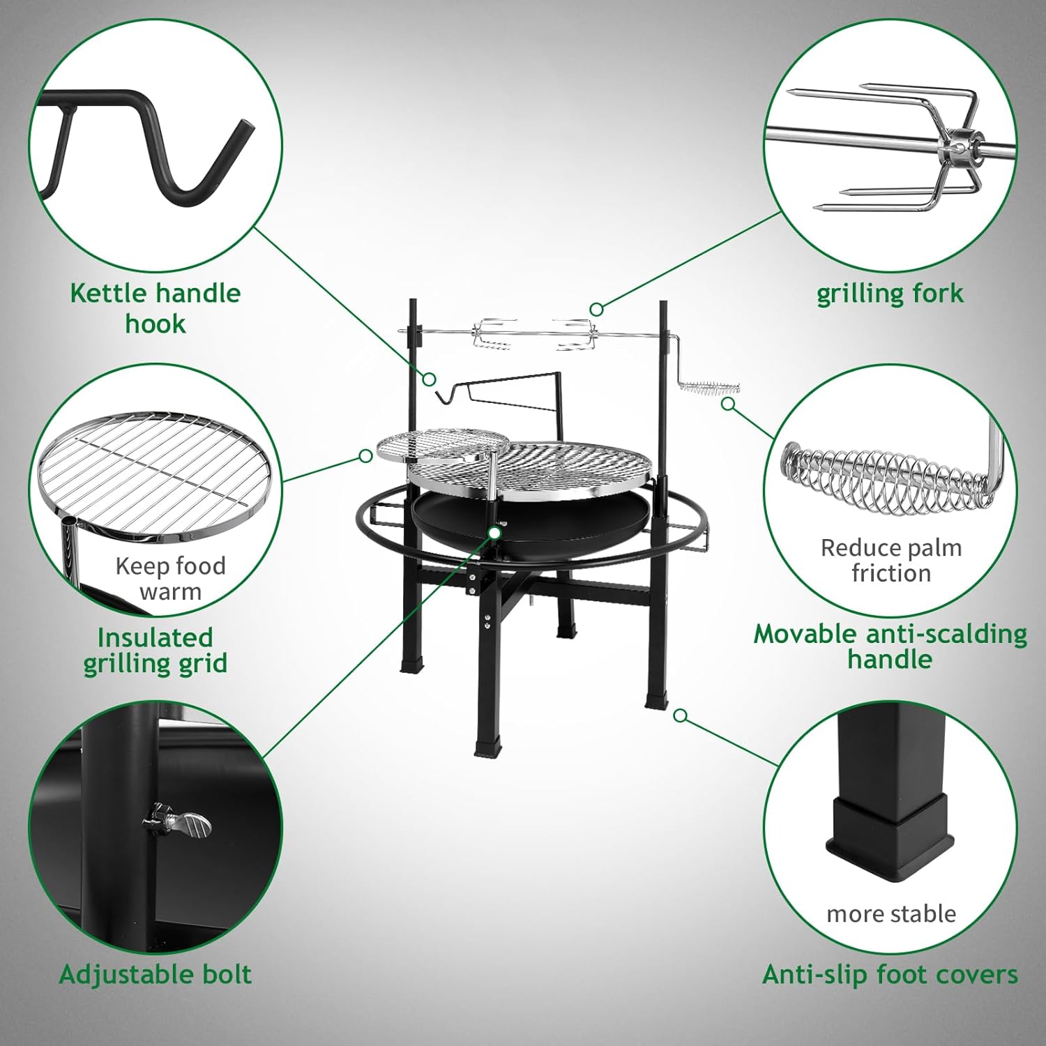 33-Inch Dual Grill Fire Pit, Wood-Burning Outdoor Firepit with Rotating Cooking Grate and Detachable BBQ Grill for Patio, Backyard, and Picnic Use