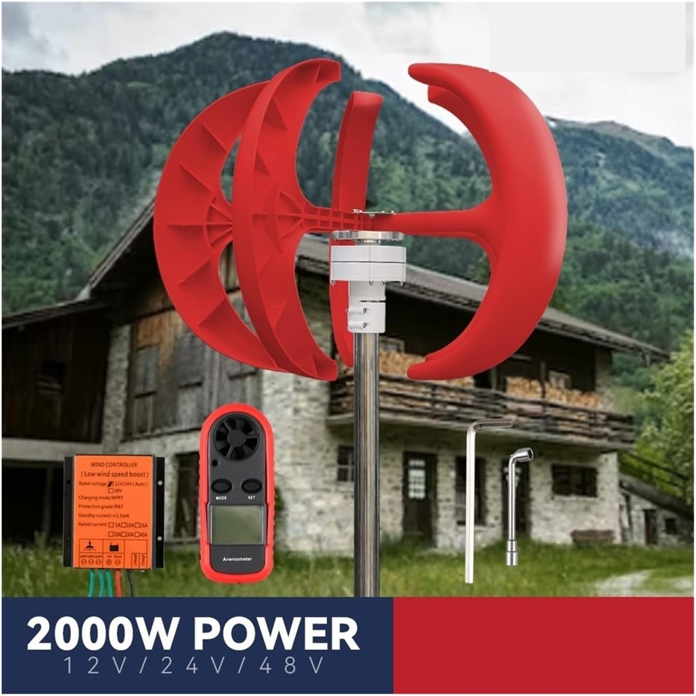 Wind Turbine, Vertical Wind Turbine Windmill 1000W 12v 24v Low Noise Wind Speed Start Rotation Free Energy with MPPT Charge Controller(Red,with MPPT Controller_48V)