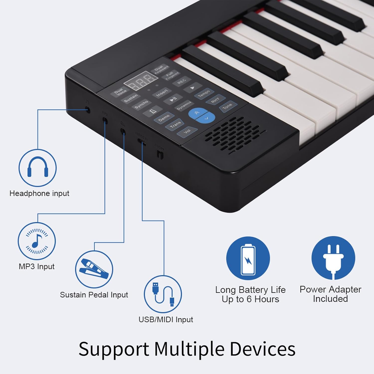 61-Key Foldable Electronic Piano Multifunctional Electronic Organ Folding Digital Piano 61 Keys Sensitive Piano Keyboard with LCD Display Built-in Rechargeable Battery BT Connectivity