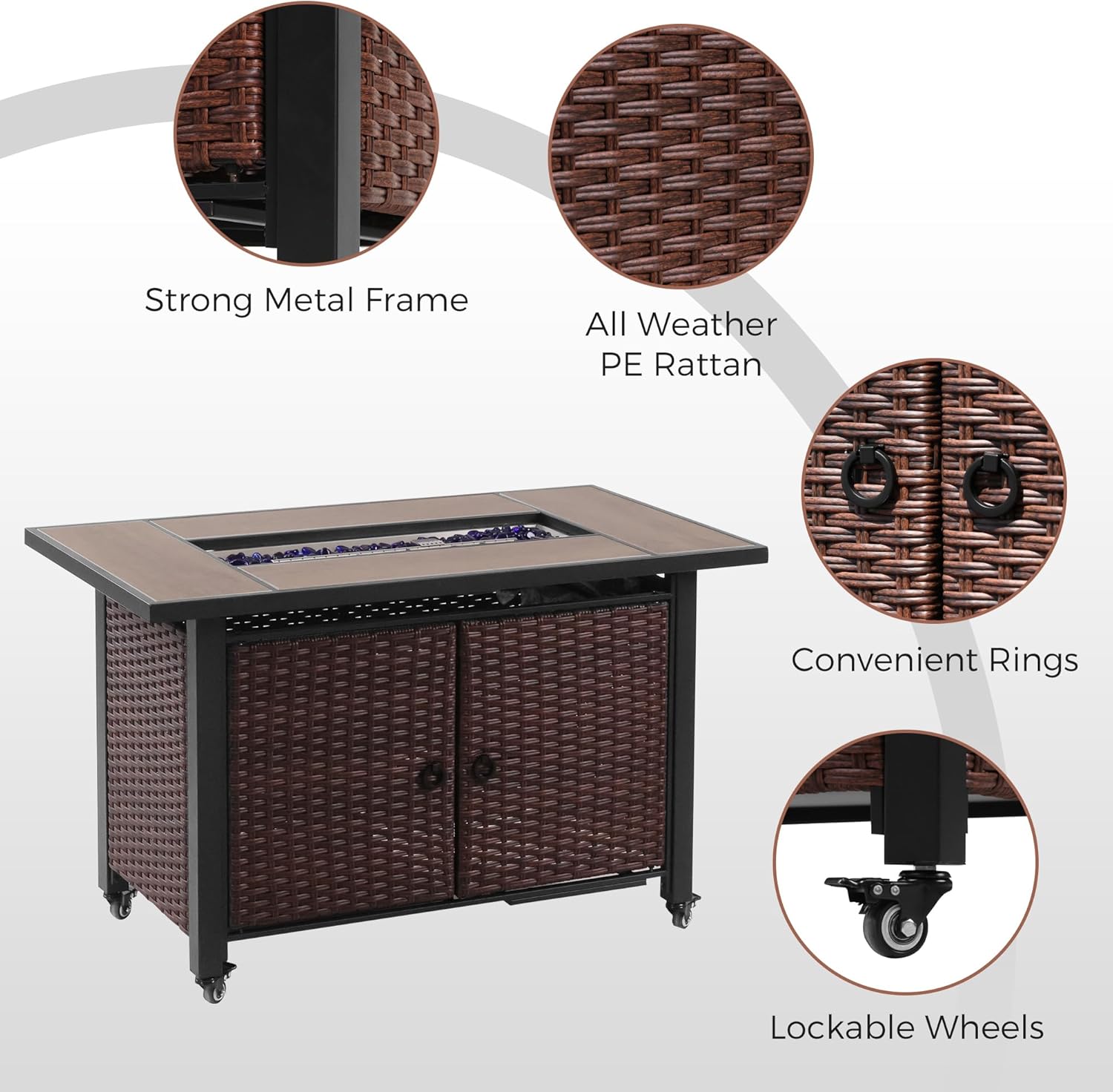 43 Inch Outdoor Fire Table with Ceramic Tile Tabletop Propane Fire Pit Table 60,000 BTU Gas FirePit CSA Certified Wicker Rattan Fire Table with Lid Glass Rock Wheels Waterproof Cover Gloves