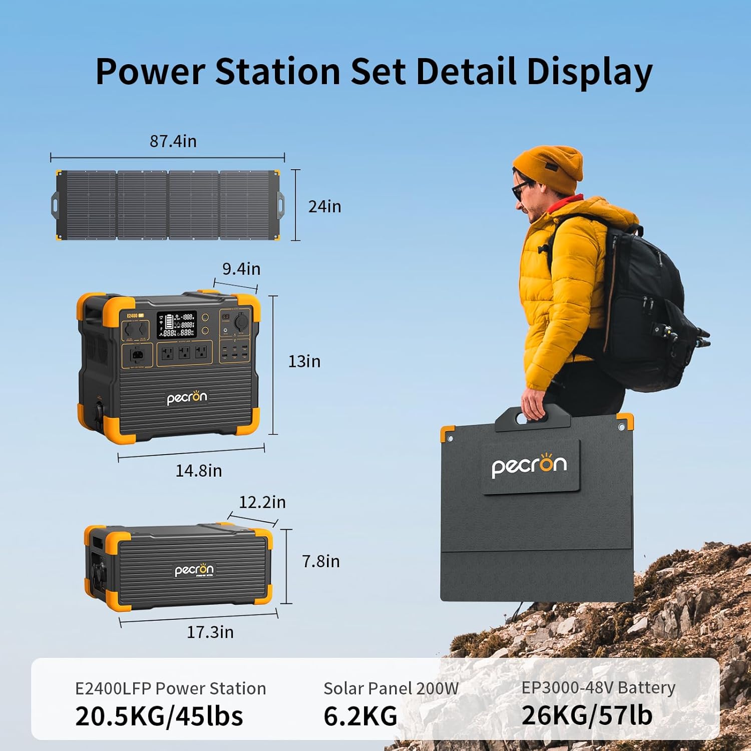 Pecron E2400LFP Power Station with 3072Wh Extra Battery*2, Portable Solar Generator Set for RV, Camping, CPAP, Power Outage, Home Use in Winter, Big Capacity Power Supply 8192Wh, 2400W AC Output
