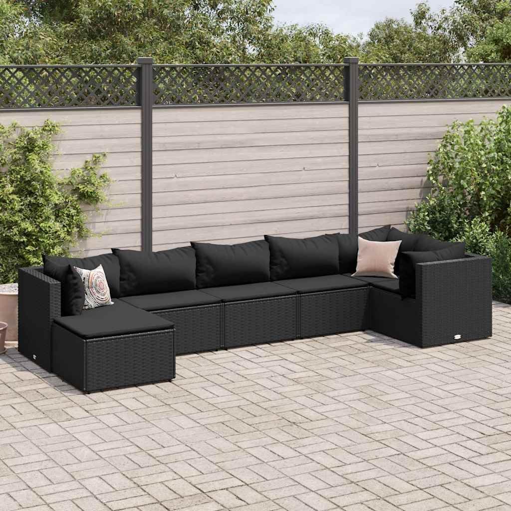 7 Piece Patio Lounge Set with Cushions Black Poly Rattan Garden Furniture