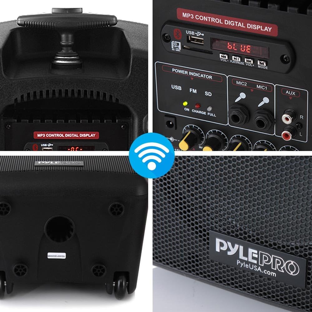 Pyle Wireless Portable PA Speaker System - 360W Bluetooth Compatible Battery Powered Rechargeable Outdoor DJ sound Speaker Microphone Set with MP3 USB SD FM Radio RCA 1/4