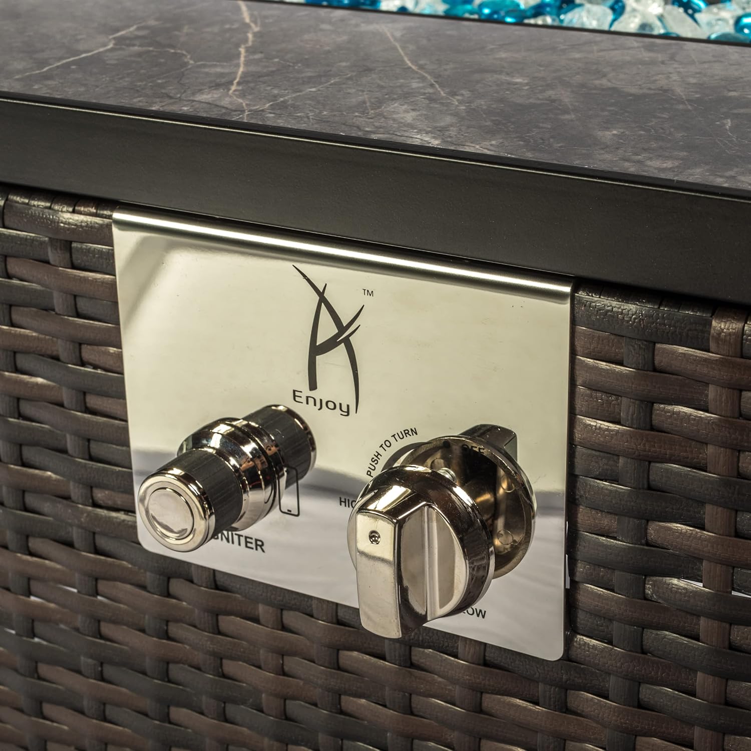 HomVent 32inch Wicker Patio Propane Firepit Table, 40,000 BTU Outdoor Wicker Propane Gas Fire Pit Coffee Tables with Ceramic Tile Tabletop, Glass Stones in Mixing Colors ＆ Cover for Garden (Small)