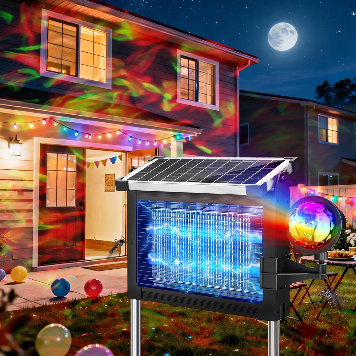 Solar Bug Zapper Outdoor with Projector Lights, 4500V Waterproof Mosquito Zapper, Dual Solar & USB Rechargeable, Smart Dusk to Dawn, Cordless Insect Killer for Patio, Garden, Backyard, Camping