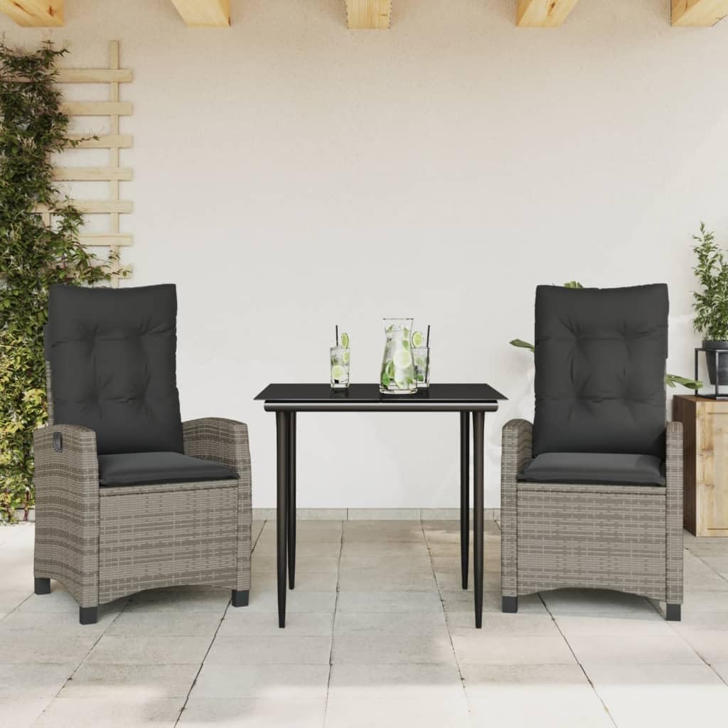 3 Piece Patio Dining Set with Cushions Gray Poly Rattan Garden Furniture
