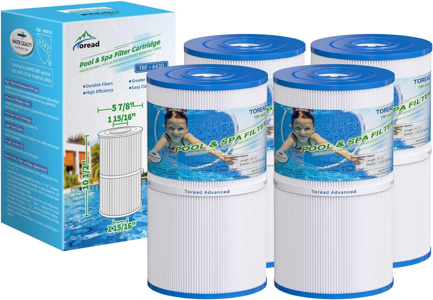 TOREAD Watkins 31489 Replacement Filter, Compatible Pleatco PWK30, Unicel C-6430, Filbur FC-3915, P/N0969601, 71825, 73178, 73250, 30 sq. ft. Hot Spring Spa Filter (4)