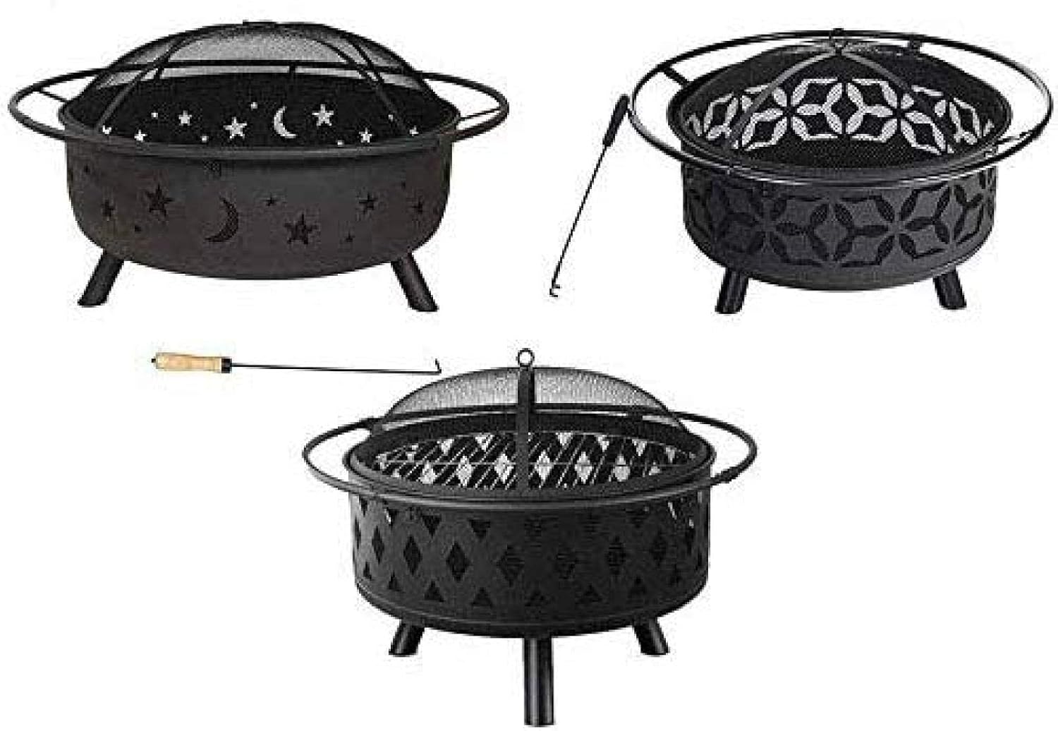 Fire Pit BBQ Grill Fire Bowl Steel Hearth with Cutouts for Patio Fireplace Sledgehammer Pattern and Screen Included Outdoor Pit Black