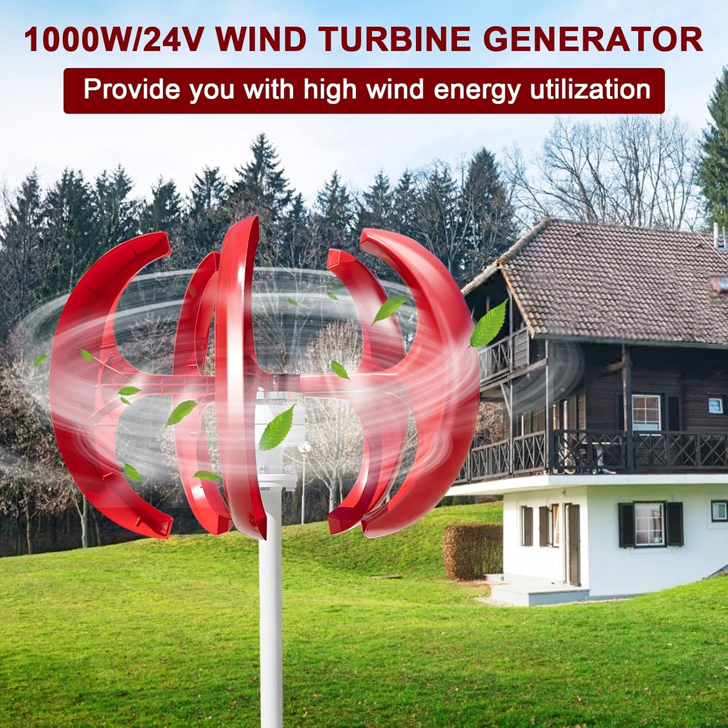 1000W Wind Turbine Generator,12V/24V Wind Turbine Kit 5-Blade Lantern Winds Turbines Generator Kit, Electromagnetic Electricity Producer Equipment for Home, Farm, RVs, Boats Red