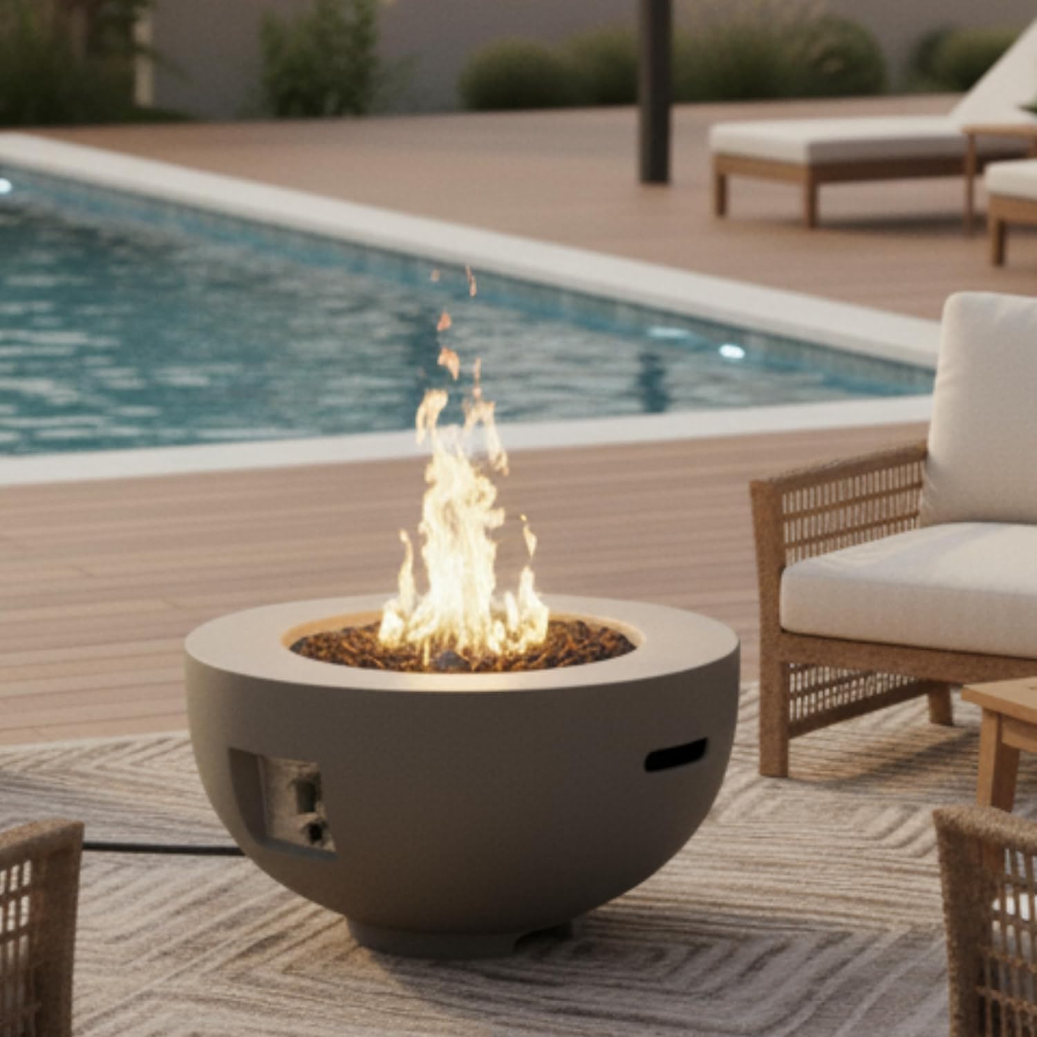 Outdoor Propane Fire Pit Table, 28-inch Round Light Grey Concrete Bowl with 40,000 BTU, Lava Rocks, Rain Cover, Tank Seat for Patio, Garden, Deck