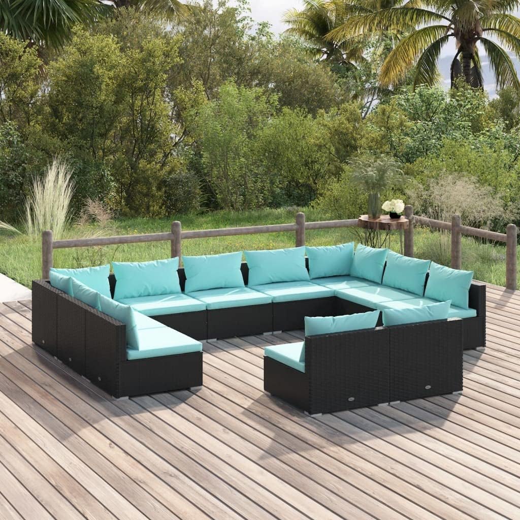 Furniture Sets 11 Piece Patio Lounge Set with Cushions Black Poly Rattan,Versatile Patio Lounge Set: Modular Rattan Sofa with Durable Steel Frame, for Outdoor Relaxation and Entertainment Garden Conve