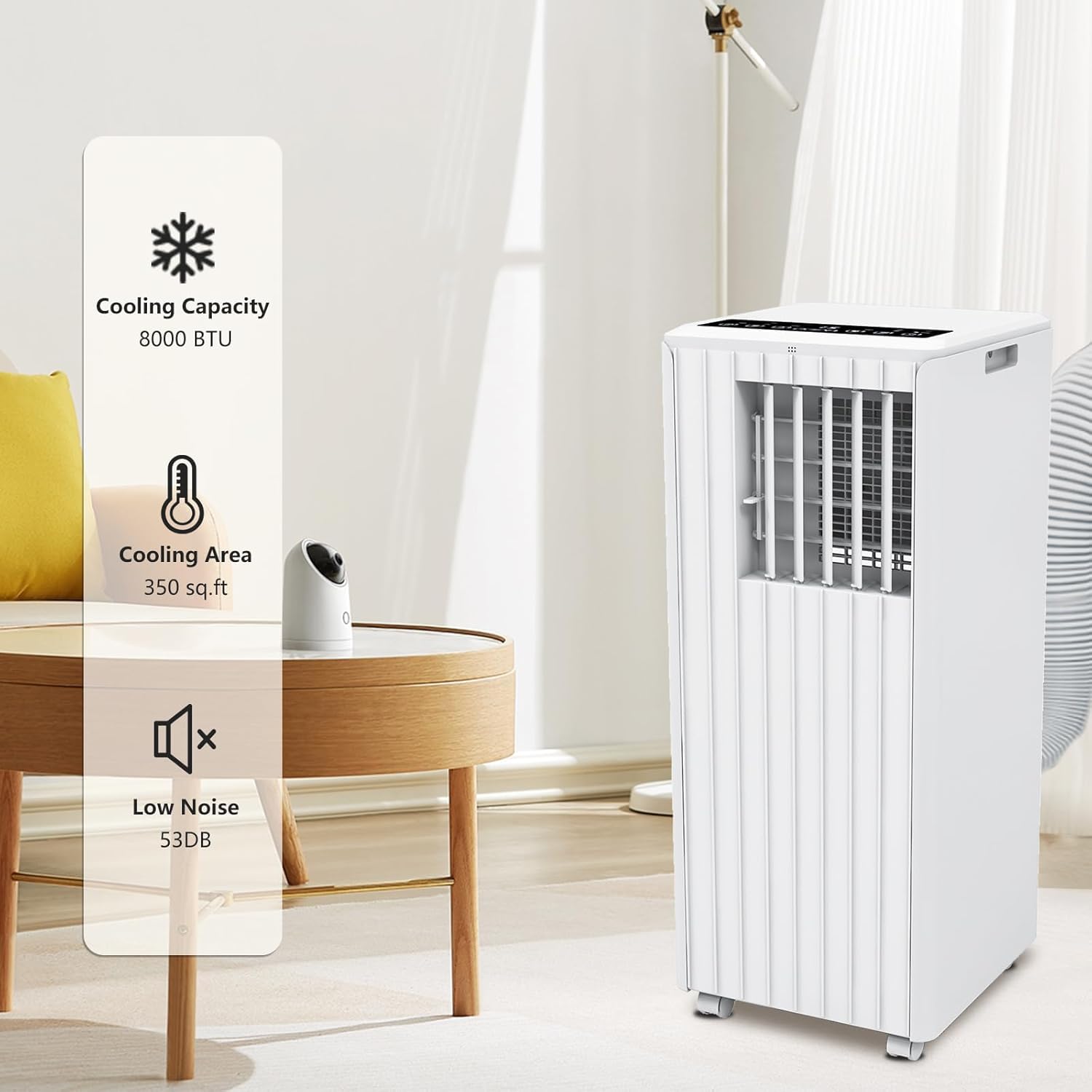 8,000 BTU Portable Air Conditioner, Smart Control, Cools up to 350 Sq. Ft., with Dehumidifier & Fan mode, Easy- to-use Remote Control & Window Installation Kit Included