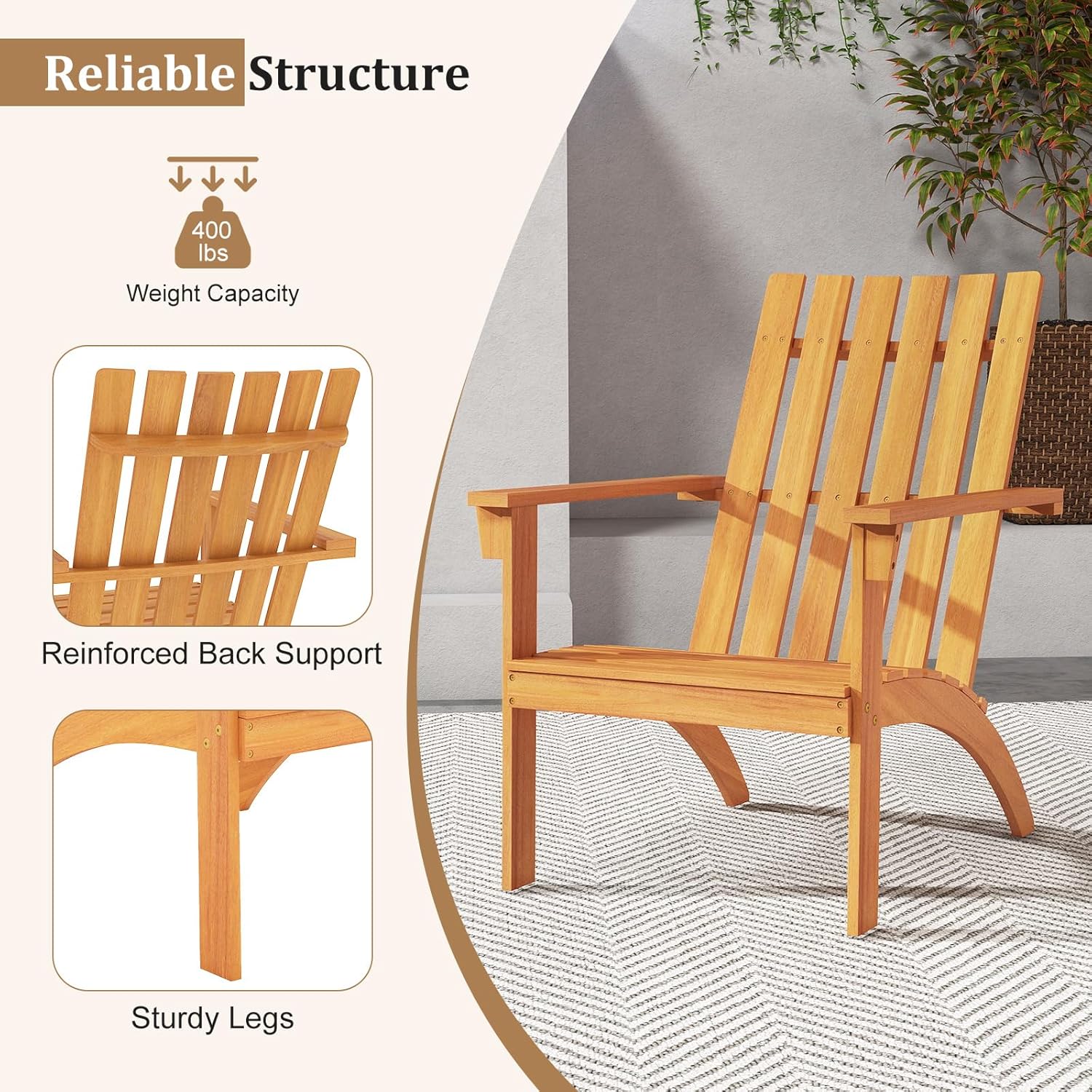 Tangkula Outdoor Adirondack Chair, Solid Acacia Wood Fire Pit Chair with Inclined Backrest, Curved Seat & Wide Armrests, Wooden Lawn Chair for Porch, Patio, Garden, Backyard, Deck (4, Natural)