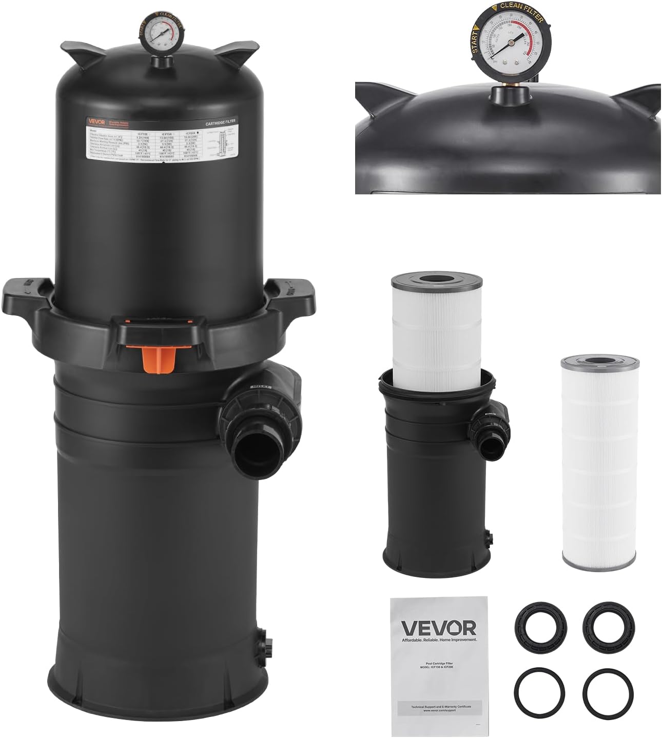 VEVOR 2025 Pro Pool Cartridge Filter System 200 sqft, Pool Filter for Inground & Above Ground Pools, Compatible W/Pumps 3HP~4HP | Up to 9827 GPH Max Flow, Pool Filters for Pools Up to 39625 Gallons