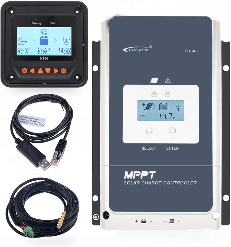 EPEVER 100A MPPT Solar Charge Controller 12/24/36/48VDC Automatically Identifying System Voltage with MT52 Remote Meter & Temperature Sensor RTS & Communication Cable RS485