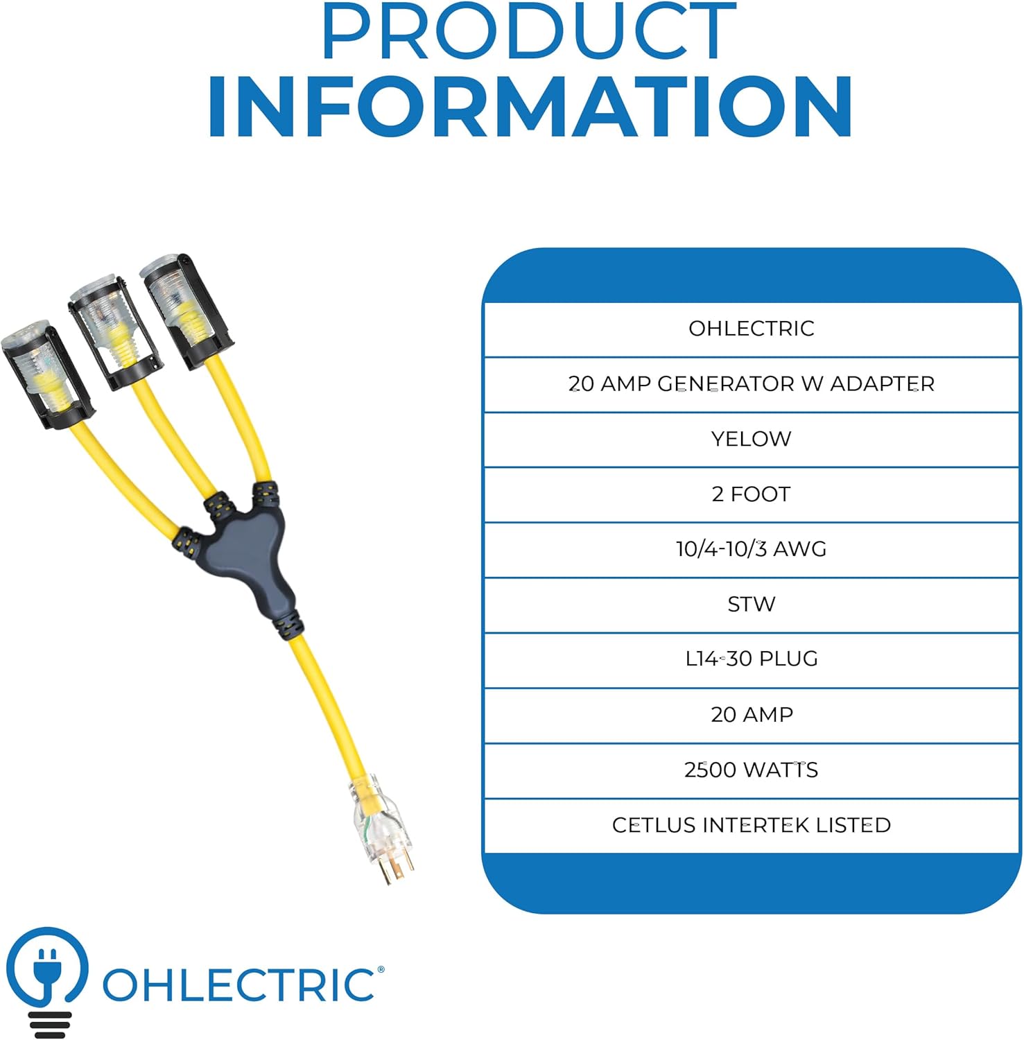 OHLECTRIC 2 Feet Yellow Extension Cords with Lighted End – Lighted Generator W Adopters with E-Zee Lock Connectors - Converts Single L14-30 Plug into Three 5-20 receptacles