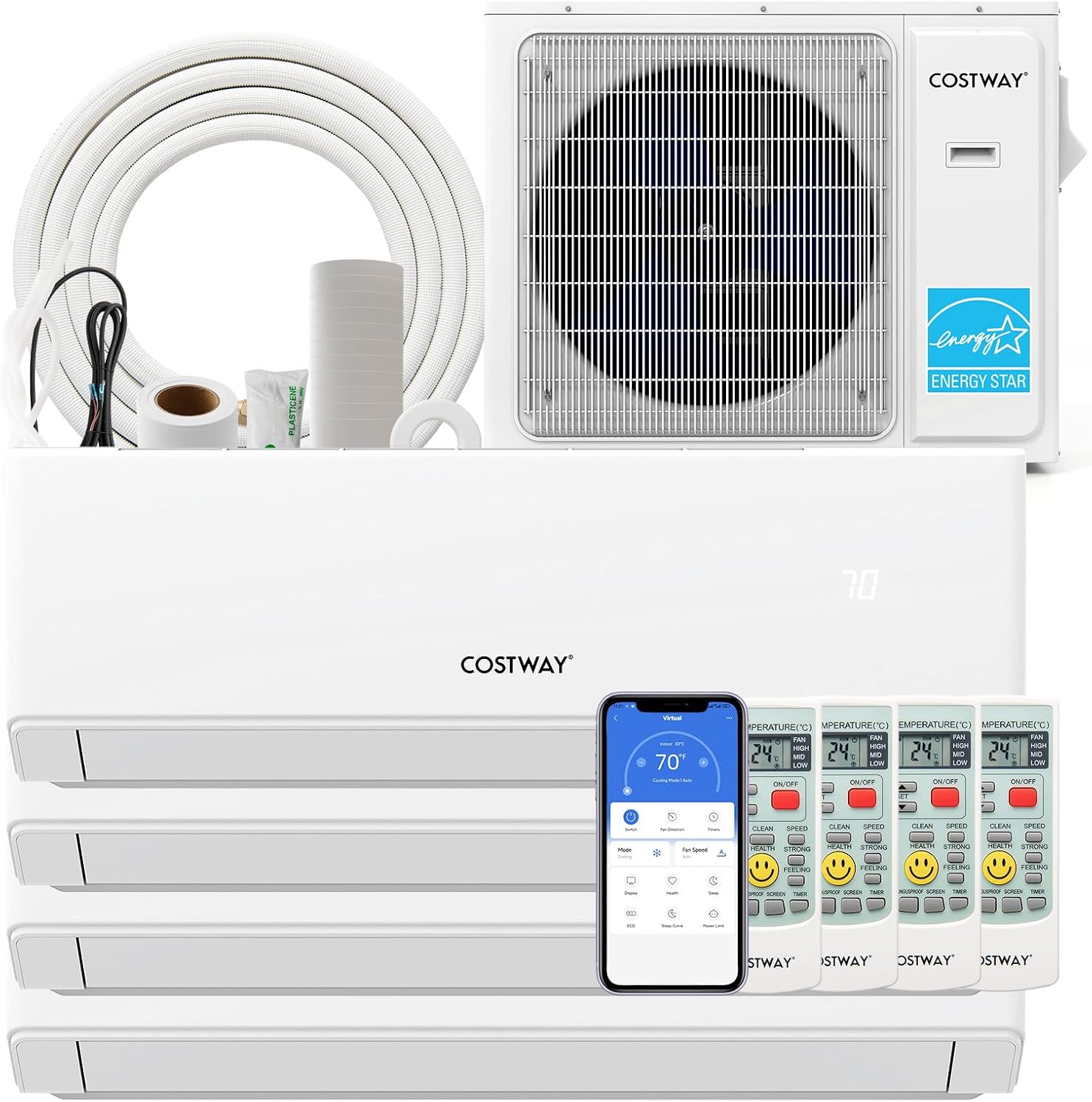 COSTWAY 30k Quad 4 Zone Mini Split Air Conditioner, 23 SEER2, 7k+9k+12k+12k BTU, 208-230V, Wifi Enabled Multi Zones Mini Split AC Heat Pump Full Set, Ductless Energy Star