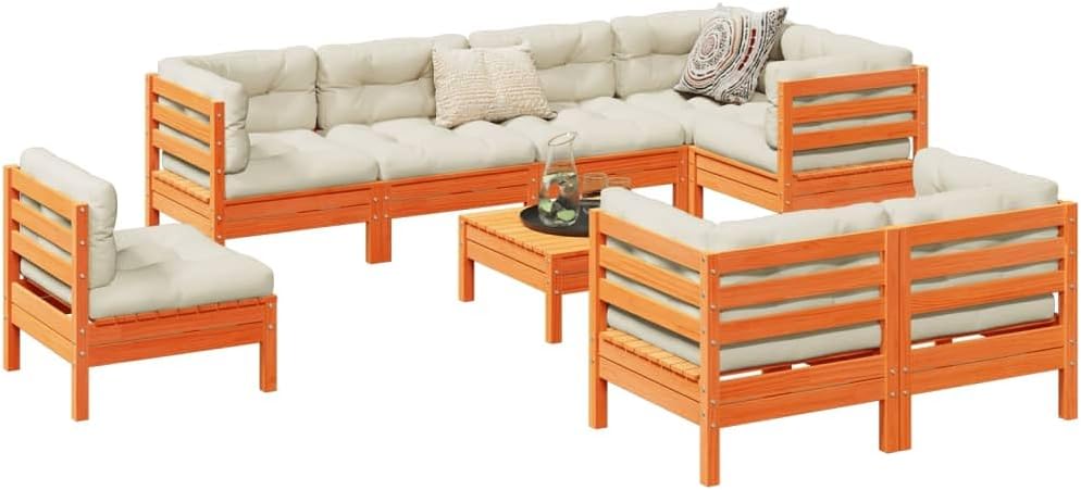Furniture Sets 9 Piece Patio Sofa Set with Cushions Wax Brown Solid Wood Pine,Versatile Outdoor Furniture Set: Solid Pine Wood Sofa with Comfortable Cushions Garden Conversation Sets