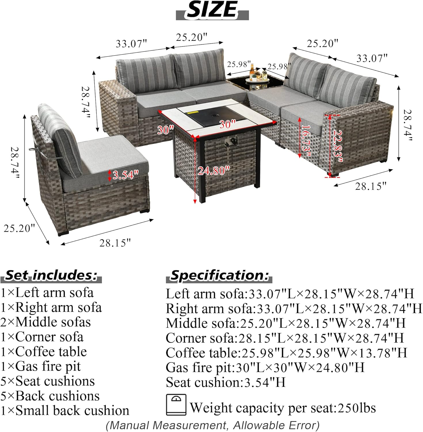 HOOOWOOO Outdoor Patio Sectional Furniture Sofa Set with Propane Gas Fire Pit Table,7 Piece Small Modern Wicker Couch with Widened Armrest,Modular Conversation Seating Set for Out Door(Grey Strips)