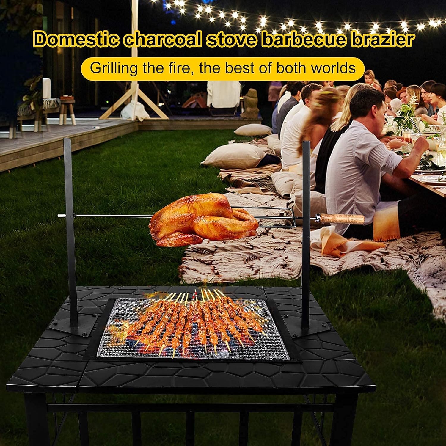 Outdoor Fire Pits for Garden with Uprights Rotisserie,Square Firebowls with Grill,3 in 1 Fire Pit Table/Heaters/Ice Pit for Patio Camping Bonfire,with Mesh Cover Grill Charcoal Nets Poker