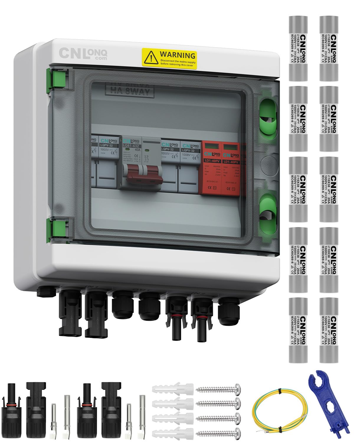2 String Solar PV Combiner Box & 10pcs Fuse Link 20A 1000V DC IP65 2 in 1 Out DC500V 40A Circuit Breaker with Surge Protector and 20A PV Fuse,Solar Disconnect Switch Outdoor Waterproof for Solar Panel