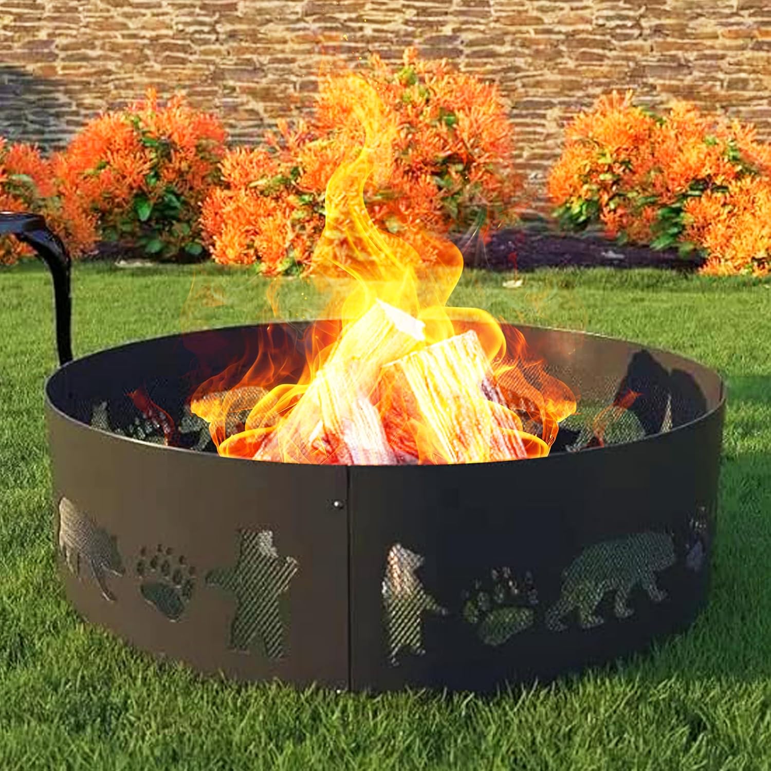 Cuisiland Outdoor Fire Pit Ring, 36 Inch Heavy-Duty Steel Fire Ring with Bear & Paw Print Cutout, Wood Burning Fire Pit Liner for Backyard, Camping, Bonfire & Patio, Rust-Resistant & Easy Assembly