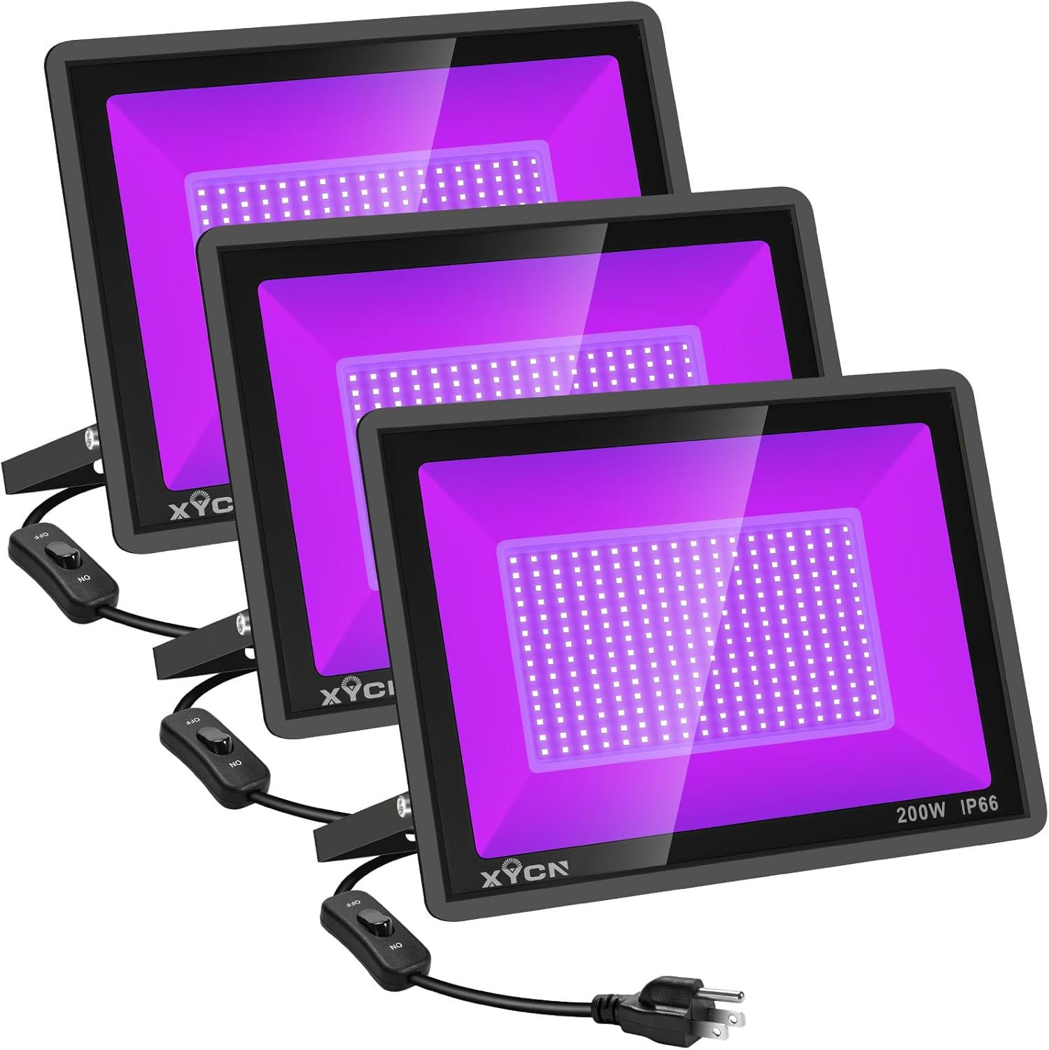 3 Pack 200W LED Flood Black Lights,Outdoor Flood Blacklight Light with Plug, IP66 Waterproof forGlow in The Dark, Dance Party, Stage Lighting, Body Paint, Fluorescent Poster, Neon Glow