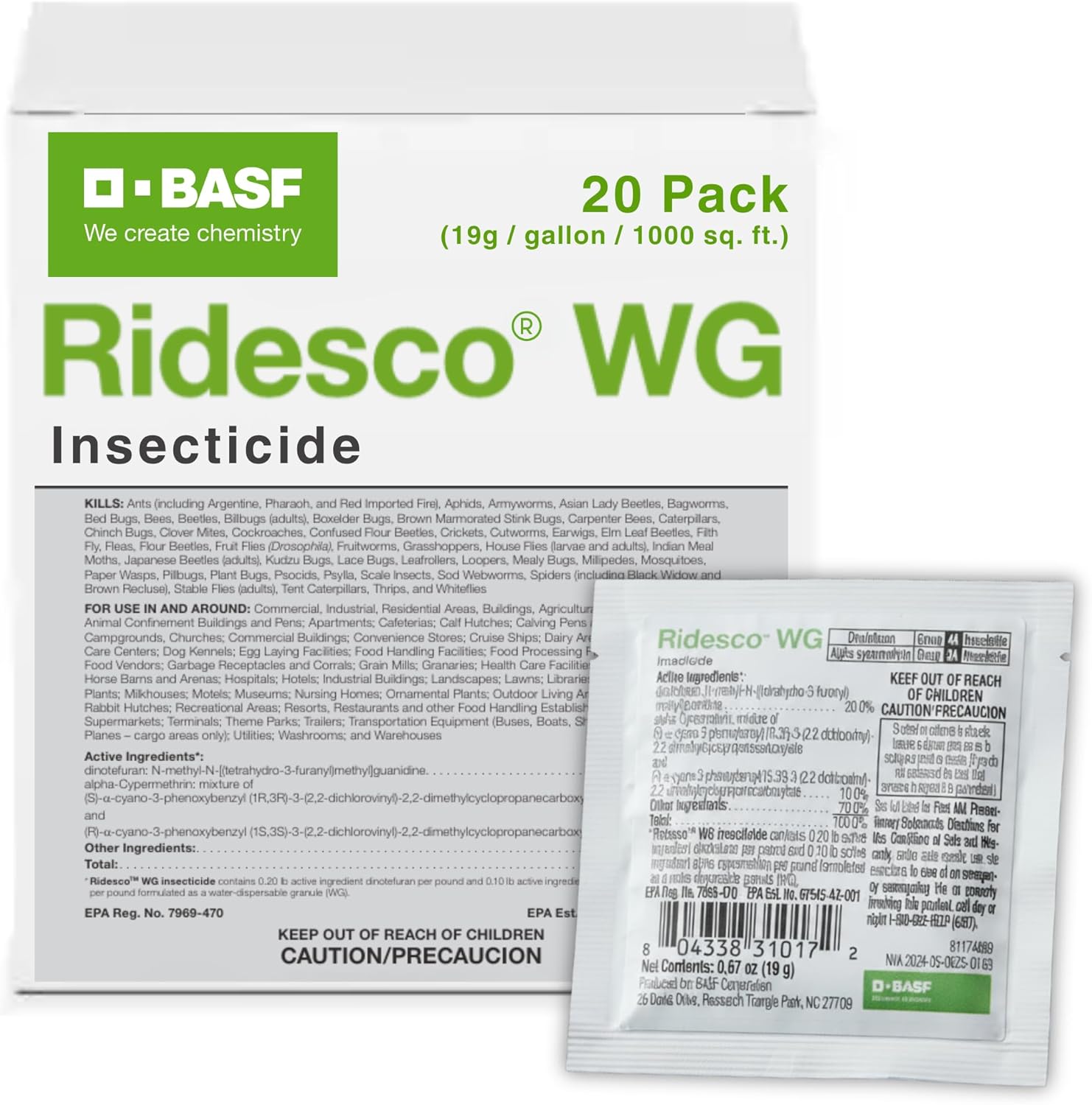 BASF Ridesco WG Rapid Response Insecticide, Two Powerful Active Ingredient Quick Release Insect Killer for Indoor or Outdoor Applications, 20 Pack, 19 Gram Single Use Sachet