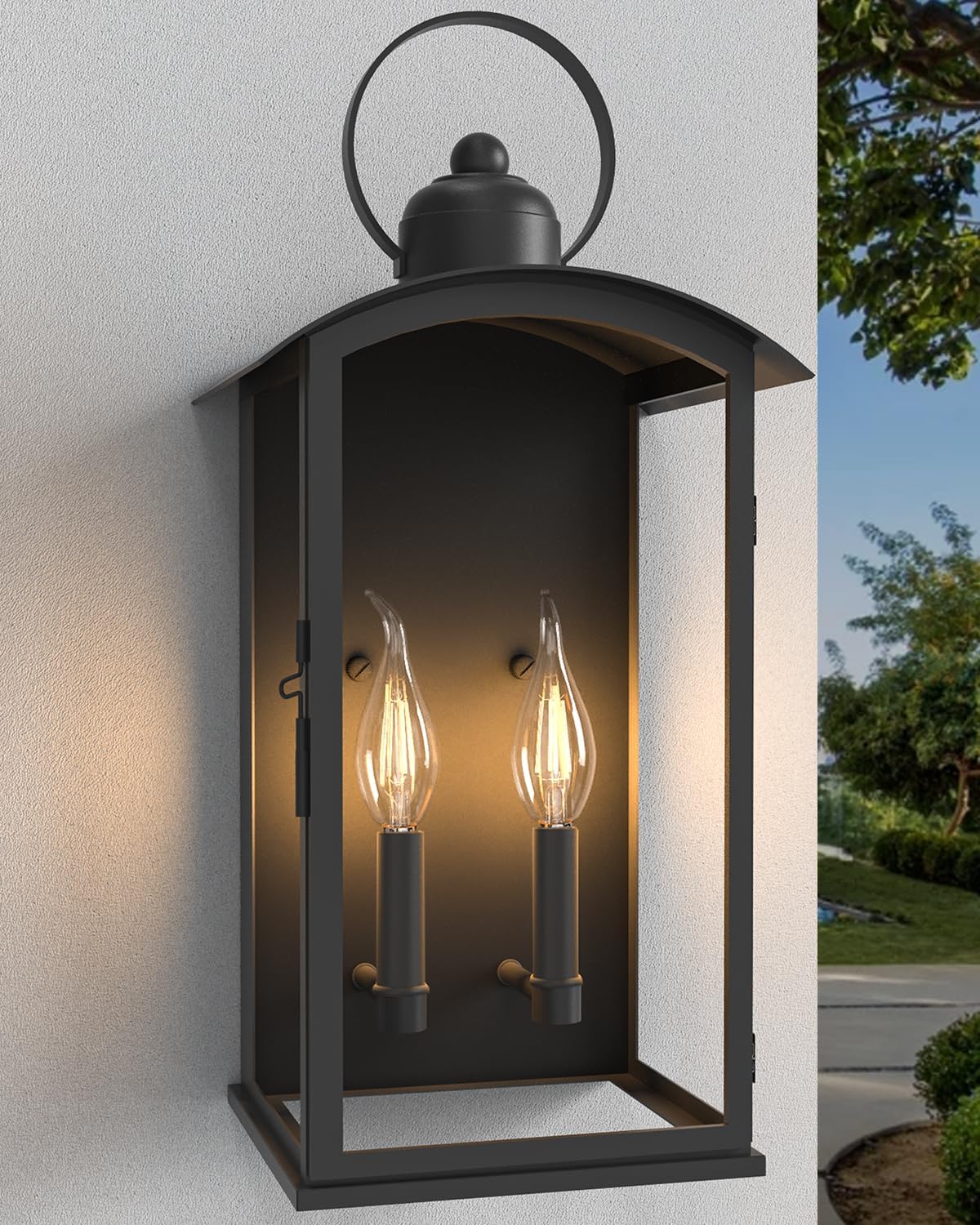 𝟏𝟗.𝟕-𝐈𝐍𝐂𝐇 Outdoor Wall Light Fixtures, Dusk to Dawn Exterior Lanterns Waterproof, Large Porch Sconces Wall Mounted Lighting, Modern Matte Black Front Open Window Wall Lamps for Patio